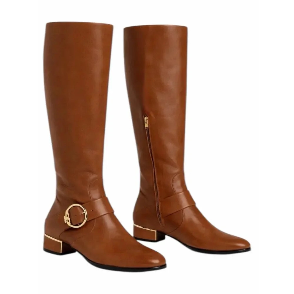 Tory Burch Sofia Tall Riding Boots Leather Logo Festive Brown Size 7